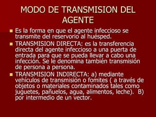 MODO DE TRANSMISION DEL
AGENTE
 Es la forma en que el agente infeccioso se
transmite del reservorio al huésped.
 TRANSMISION DIRECTA: es la transferencia
directa del agente infeccioso a una puerta de
entrada para que se pueda llevar a cabo una
infección. Se le denomina también transmisión
de persona a persona.
 TRANSMISION INDIRECTA: a) mediante
vehículos de transmisión o fomites ( a través de
objetos o materiales contaminados tales como
juguetes, pañuelos, agua, alimentos, leche). B)
por intermedio de un vector.
 