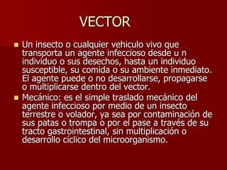 VECTOR
 Un insecto o cualquier vehiculo vivo que
transporta un agente infeccioso desde u n
individuo o sus desechos, hasta un individuo
susceptible, su comida o su ambiente inmediato.
El agente puede o no desarrollarse, propagarse
o multiplicarse dentro del vector.
 Mecánico: es el simple traslado mecánico del
agente infeccioso por medio de un insecto
terrestre o volador, ya sea por contaminación de
sus patas o trompa o por el pase a través de su
tracto gastrointestinal, sin multiplicación o
desarrollo cíclico del microorganismo.
 