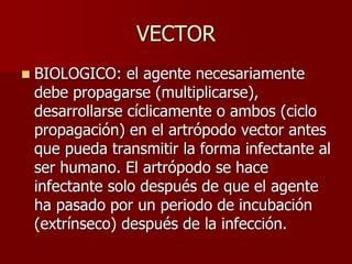 VECTOR
 BIOLOGICO: el agente necesariamente
debe propagarse (multiplicarse),
desarrollarse cíclicamente o ambos (ciclo
propagación) en el artrópodo vector antes
que pueda transmitir la forma infectante al
ser humano. El artrópodo se hace
infectante solo después de que el agente
ha pasado por un periodo de incubación
(extrínseco) después de la infección.
 