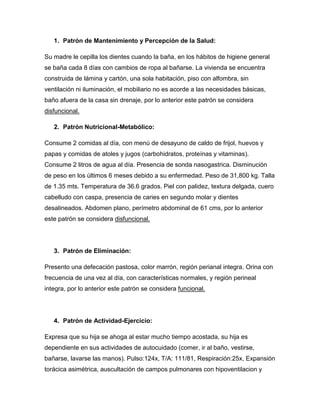 1. Patrón de Mantenimiento y Percepción de la Salud:

Su madre le cepilla los dientes cuando la baña, en los hábitos de higiene general
se baña cada 8 días con cambios de ropa al bañarse. La vivienda se encuentra
construida de lámina y cartón, una sola habitación, piso con alfombra, sin
ventilación ni iluminación, el mobiliario no es acorde a las necesidades básicas,
baño afuera de la casa sin drenaje, por lo anterior este patrón se considera
disfuncional.

   2. Patrón Nutricional-Metabólico:

Consume 2 comidas al día, con menú de desayuno de caldo de frijol, huevos y
papas y comidas de atoles y jugos (carbohidratos, proteínas y vitaminas).
Consume 2 litros de agua al día. Presencia de sonda nasogastrica. Disminución
de peso en los últimos 6 meses debido a su enfermedad. Peso de 31,800 kg. Talla
de 1.35 mts. Temperatura de 36.6 grados. Piel con palidez, textura delgada, cuero
cabelludo con caspa, presencia de caries en segundo molar y dientes
desalineados. Abdomen plano, perímetro abdominal de 61 cms, por lo anterior
este patrón se considera disfuncional.




   3. Patrón de Eliminación:

Presento una defecación pastosa, color marrón, región perianal integra. Orina con
frecuencia de una vez al día, con características normales, y región perineal
integra, por lo anterior este patrón se considera funcional.




   4. Patrón de Actividad-Ejercicio:

Expresa que su hija se ahoga al estar mucho tiempo acostada, su hija es
dependiente en sus actividades de autocuidado (comer, ir al baño, vestirse,
bañarse, lavarse las manos). Pulso:124x, T/A: 111/81, Respiración:25x, Expansión
torácica asimétrica, auscultación de campos pulmonares con hipoventilacion y
 