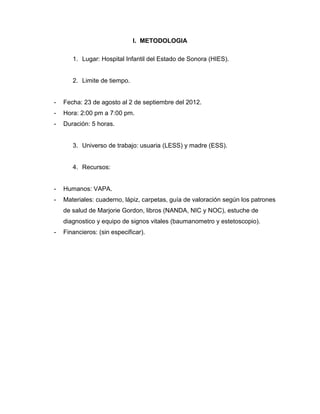 I. METODOLOGIA

       1. Lugar: Hospital Infantil del Estado de Sonora (HIES).


       2. Limite de tiempo.


-   Fecha: 23 de agosto al 2 de septiembre del 2012.
-   Hora: 2:00 pm a 7:00 pm.
-   Duración: 5 horas.


       3. Universo de trabajo: usuaria (LESS) y madre (ESS).


       4. Recursos:


-   Humanos: VAPA.
-   Materiales: cuaderno, lápiz, carpetas, guía de valoración según los patrones
    de salud de Marjorie Gordon, libros (NANDA, NIC y NOC), estuche de
    diagnostico y equipo de signos vitales (baumanometro y estetoscopio).
-   Financieros: (sin especificar).
 