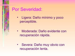 Por Severidad: <ul><li>Ligera: Daño mínimo y poco perceptible. </li></ul><ul><li>Moderada: Daño evidente con recuperación ...