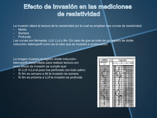 La invasión altera la lectura de la resistividad por la cual se emplean tres curvas de resistividad:
- Media
- Somera
- Profunda
Las curvas son llamadas: LL8, LLd y Ilm. En caso de que se trate de un registro de doble
inducción- lateroperfil como es el caso que se muestra a continuación:
La imagen muestra el registro doble inducción-
lateroperfil desarrollado para realizar lectura con
poco efecto de invasión se cumple que:
- Si LL8 >LLd el pozo fue perforado con lodo salino
- Si Ilm es cercano a Ild la invasión es somera
- Si Ilm es próxima a LL8 la invasión es profunda
 