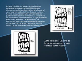 Zona de transición: Un área en la que el agua es
demasiado somera para la adquisición de datos
sísmicos con cables sísmicos marinos remolcados, tal
como las proximidades de líneas de costa, pantanos y
lagunas. En algunos casos, las fuentes explosivas
pueden apisonarse en los sedimentos no consolidados
de ambientes de zonas de transición en lugar de perforar
pozos de tiro más caros. Del mismo modo, los
hidrófonos pueden colocarse mediante apisonamiento
para acoplar mejor el receptor a la Tierra, y ahorrar
tiempo y dinero durante la adquisición del levantamiento
Zona no lavada: La parte de
la formación que no ha sido
afectada por la invasión
 
