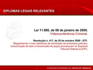 DIPLOMAS LEGAIS RELEVANTES




                       Lei 11.900, de 08 de janeiro de 2009.
                                  Vídeoconferência Criminal.

                      Resolução n. 417, de 20 de outubro 2009 - STF.
     Regulamenta o meio eletrônico de tramitação de processos judiciais,
   comunicação de atos e transmissão de peças processuais no Supremo
                                              Tribunal Federal (e-STF).
 