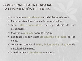CONDICIONES PARA TRABAJAR
LA COMPRENSIÓN DE TEXTOS

   Contar con textos diversos en la biblioteca de aula.
   Partir de situaciones reales de comunicación.
   Tener altas expectativas del aprendizaje de los
    estudiantes.
   Motivar la reflexión sobre la lengua.
   Los textos deben estar de acuerdo a la edad de los
    niños.
   Tomar en cuenta el tema, la longitud y el grado de
    dificultad del mismo.
   Creación de un clima lector adecuado.
 