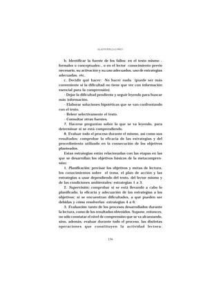 GLADYS STELLA LÓPEZ J.




    b. Identificar la fuente de los fallos: en el texto mismo -
formales o conceptuales-, o en el lector -conocimiento previo
necesario, su activación y su uso adecuados, uso de estrategias
adecuadas, etc.
    c. Decidir qué hacer: -No hacer nada (puede ser más
conveniente si la dificultad no tiene que ver con información
esencial para la comprensión).
    - Dejar la dificultad pendiente y seguir leyendo para buscar
más información.
    - Elaborar soluciones hipotéticas que se van confrontando
con el texto.
    - Releer selectivamente el texto.
    - Consultar otras fuentes.
    7. Hacerse preguntas sobre lo que se va leyendo, para
determinar si se está comprendiendo.
    8. Evaluar todo el proceso durante el mismo, así como sus
resultados: comprobar la eficacia de las estrategias y del
procedimiento utilizado en la consecución de los objetivos
planteados.
    Estas estrategias están relacionadas con las etapas en las
que se desarrollan los objetivos básicos de la metacompren-
sión:
    1. Planificación: precisar los objetivos y metas de lectura,
los conocimientos sobre el tema, el plan de acción y las
estrategias a usar dependiendo del texto, del lector mismo y
de las condiciones ambientales: estrategias 1 a 3.
    2. Supervisión: comprobar si se está llevando a cabo lo
planificado; la eficacia y adecuación de las estrategias a los
objetivos; si se encuentran dificultades, a qué pueden ser
debidas y cómo resolverlas: estrategias 4 a 6.
    3. Evaluación: tanto de los procesos desarrollados durante
la lectura, como de los resultados obtenidos. Supone, entonces,
no sólo constatar el nivel de comprensión que se va alcanzando,
sino, además, evaluar durante todo el proceso, las distintas
operaciones que constituyen la actividad lectora:


                                136
 
