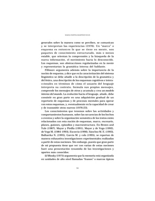 MARÍA CRISTINA MARTÍNEZ SOLÍS




generales sobre la manera como se perciben, se comunican
y se interpretan las experiencias (1976). Un “marco” o
esquema es entonces lo que se tiene en mente, son
paquetes de conocimiento estructurado, más o menos
estable, que orientan la comprensión y la búsqueda de la
nueva información, el movimiento hacia lo desconocido.
Los esquemas, son abstracciones regularizadas en la mente
y representarían la gramática interna del hablante.
   Fillmore argumenta además sobre la importancia de la
noción de esquema, y dice que en la caracterización del sistema
lingüístico se debe añadir a la descripción de la gramática y
del léxico, una descripción de los esquemas cognitivos e intera-
ccionales en términos de cómo el usuario del lenguaje
interpreta su contexto, formula sus propios mensajes,
comprende los mensajes de otros y acumula y crea un modelo
interno del mundo. La evolución hacia el lenguaje, añade, debe
consistir en gran parte en una adquisición gradual de un
repertorio de esquemas y de procesos mentales para operar
con estos esquemas, y, eventualmente en la capacidad de crear
y de transmitir otros nuevos (1976:23).
   Los conocimientos que tenemos sobre las actividades y
comportamientos humanos, sobre las secuencias de los hechos
o eventos y sobre la organización semántica de los textos están
relacionados con esta noción de esquemas, marco, escenario,
planes, guiones, episodios y macroestructura. En Brown and
Yule (1987), Mayor y Pinilla (1991), Mayor y de Vega (1992),
de Vega M. (1984-1993), Escorcia (1990), Sánchez M. E. (1993),
Balluerka N. (1995), García M. y cols (1995), se reportan de
manera exhaustiva investigaciones experimentales realizadas
a partir de estas nociones. Sin embargo, puesto que gran parte
de mi propuesta tiene que ver con varias de estas nociones
haré una presentación resumida de las investigaciones y
aportes más conocidos:
   (i) Minsky (1975) argumenta que la memoria está organizada
en unidades de alto nivel llamadas “frames” o marcos típicos


                                  16
 