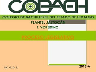 PLANTEL JALTOCÁN
                     T. VESPERTINO


                PROCESO LEGISLATIVO




LIC. G. G. S.                         2013-A
 