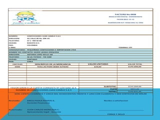 FACTURA No.0028
                                                                               RESOLUCION DIAN No. 320000839644

                                                                                      FECHA:2011-11-11

                                                                              NUMERACION AUT. DESDE 0001 AL 5000




NOMBRE:          CONFECCIONES JUAN CAMILO S.A.S
DIRECCION:       AV CALLE 80 No. 69K-65
TELEFONO:        57 1 -400 60 88
CIUDAD:          BOGOTA D.C.
PAIS:            COLOMBIA
E-MAIL:                                                                                 TERMINO: CPT
CONSIGNATARIO:   PEQUEÑINES CONFECCIONES E IMPORTACION LTDA
NOMBRE DEL CONTACTO: JAVIER LACASA JORQUERA
DIRECCION:       ANTONIA LOPEZ BELLO 182
TELEFONO:        56 (2) 7373553 - 735 5200
CIUDAD:          SANTIAGO
PAIS:            CHILE
   CANTIDAD              DESCRIPCIO DE LA MERCANCIA           VALOR UNITARIO                     VALOR TOTAL
        5000                TOALLAS PARA BEBES SUTIDAS            $29,00                           $145.000,00




                                                                         SUBTOTAL:         $145.000,00
 FAVOR GIRAR A LA CUENTA CORRIENTE Nª 22471050-32 A
                                                                             FLETE           $831,46
    NOMBRE DE CONFECCIONES JUAN CAMILO S.A.S
                                                                            TOTAL:         $145.831,46
        SON: CIENTO CUARENTA Y CINCO MIL OCHOCIENTOS TREINTA Y UNO CON CUARENTA Y SEIS CENTAVOS DE DÓLAR



Revisado:        ERICA PAOLA RAMOS A.                                      Recibo a satisfaccion
                 Gerente Financiero



Autorizado:      JUAN CARLOS MONCADA C.                              __________________________________
                 Rpresentante legal - Gerente
                                                                             FIRMA Y SELLO
 