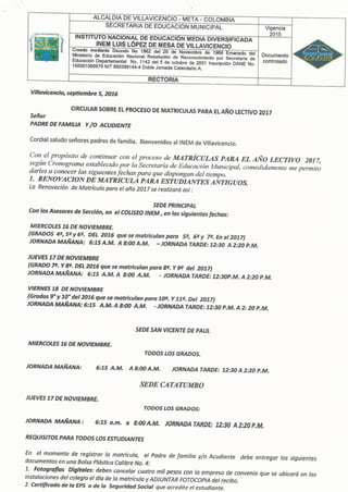 Proceso matriculas 2017 INEM VILLAVICENCIO