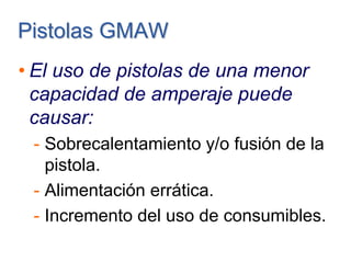 Pistolas GMAWPistolas GMAW
• El uso de pistolas de una menor
capacidad de amperaje puede
causar:
- Sobrecalentamiento y/o fusión de la
pistola.
- Alimentación errática.
- Incremento del uso de consumibles.
 