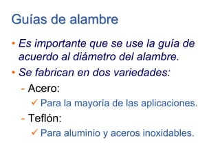 Guías de alambreGuías de alambre
• Es importante que se use la guía de
acuerdo al diámetro del alambre.
• Se fabrican en dos variedades:
- Acero:
Para la mayoría de las aplicaciones.
- Teflón:
Para aluminio y aceros inoxidables.
 