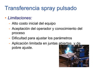 • Limitaciones:
- Alto costo inicial del equipo
- Aceptación del operador y conocimiento del
proceso
- Dificultad para ajustar los parámetros
- Aplicación limitada en juntas abiertas y de
pobre ajuste.
Transferencia spray pulsadoTransferencia spray pulsado
 