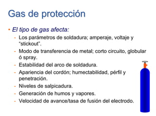Gas de protecciónGas de protección
• El tipo de gas afecta:
- Los parámetros de soldadura; amperaje, voltaje y
“stickout”.
- Modo de transferencia de metal; corto circuito, globular
ó spray.
- Estabilidad del arco de soldadura.
- Apariencia del cordón; humectabilidad, pérfil y
penetración.
- Niveles de salpicadura.
- Generación de humos y vapores.
- Velocidad de avance/tasa de fusión del electrodo.
 