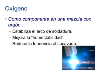 OxígenoOxígeno
• Como componente en una mezcla con
argón :
- Estabiliza el arco de soldadura.
- Mejora la “humectabilidad”.
- Reduce la tendencia al socavado.
 
