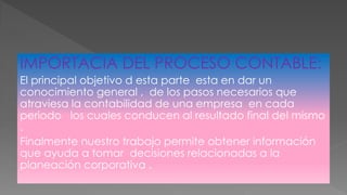 IMPORTACIA DEL PROCESO CONTABLE:
El principal objetivo d esta parte esta en dar un
conocimiento general , de los pasos necesarios que
atraviesa la contabilidad de una empresa en cada
periodo los cuales conducen al resultado final del mismo
.
Finalmente nuestro trabajo permite obtener información
que ayuda a tomar decisiones relacionadas a la
planeación corporativa .
 