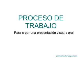 PROCESO DE
TRABAJO
Para crear una presentación visual / oral
gabriela-teacher.blogspot.com
 