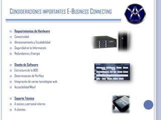 CONSIDERACIONES IMPORTANTES E-BUSINESS CONNECTING
 Requerimientos de Hardware
 Conectividad
 Almacenamiento y Escalabilidad
 Seguridad en la Información
 Redundancia y Energía
 Diseño de Software
 Estructura de la BDD
 Determinación de Perfiles
 Integración de varias tecnologías web
 Accesibilidad Móvil
 Soporte Técnico
 A socios y personal interno
 A clientes
 