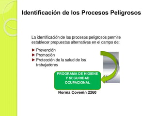 Identificación de los Procesos Peligrosos
PROGRAMA DE HIGIENE
Y SEGURIDAD
OCUPACIONAL
Norma Covenin 2260
 