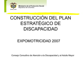 CONSTRUCCIÓN DEL PLAN
   ESTRATÉGICO DE
    DISCAPACIDAD

      EXPOMOTRICIDAD 2007


Consejo Consultivo de Atención a la Discapacidad y al Adulto Mayor
 