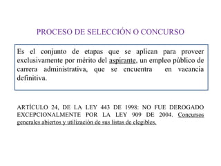 PROCESO DE SELECCIÓN O CONCURSO
Es el conjunto de etapas que se aplican para proveer
exclusivamente por mérito del aspirante, un empleo público de
carrera administrativa, que se encuentra
en vacancia
definitiva.

ARTÍCULO 24, DE LA LEY 443 DE 1998: NO FUE DEROGADO
EXCEPCIONALMENTE POR LA LEY 909 DE 2004. Concursos
generales abiertos y utilización de sus listas de elegibles.

 