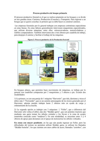 Proceso productivo de bosque primario
El proceso productivo forestal es el que se realiza netamente en los bosques y se divide
en tres grandes áreas: Caminos, Producción (Cosecha) y Transporte. Para ingresar a un
bosque que se quiere cosechar, lo primero que se debe hacer es construir caminos.
Las empresas forestales por lo general trabajan con empresas contratistas especialistas
en estas faenas. En estas labores generalmente intervienen maquinistas especializados,
que utilizan diversas máquinas, entre ellas: retroexcavadoras, motoniveladoras y
rodillos compactadores. También intervienen dos o tres obreros por cuadrilla de trabajo,
para despejar el camino y facilitar el trabajo de las máquinas.
En bosques planos, que permiten buen movimiento de máquinas, se trabaja por lo
general con cuadrillas compuestas por 2 maquinistas y 3 obreros a pie. Existen dos
modalidades:
1) La primera, es con una pareja de 1 máquina “Harvester”, que tala, desrrama y troza el
árbol, más 1 “Forwarder”, que es un camión autocargante de los trozos generados por el
Harvester; además pueden trabajar hasta 2 obreros más en ayuda de carga y
ordenamiento de la cosecha.
2) La segunda opción es trabajar con 3 máquinas: 1 “Feller”, que a diferencia del
Harvester sólo voltea el árbol, más dos “Skidder garra”, que son potentes tractores que
mediante una garra toman los árboles cortados y los llevan a la zona de acopio
(maniobra conocida como “madereo”). En esta modalidad, se necesitan entre 3 y 4
obreros de apoyo para desramar con el apoyo de motosierras los árboles volteados.
En zonas con mayor pendiente, en las que aún pueda ingresar un Feller, pero las
dificultades del terreno no permiten utilizar Skidder garra, se utilizan los llamados
“Skidder huinche”, los que cuentan con unos cables de acero, llamados “estrobos”, con
 