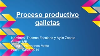 Proceso productivo
galletas
Nombres: Thomas Escalona y Aylin Zapata
Curso: 8ºB
Colegio: Hermanos Matte
Fecha: 03/06/2014
 
