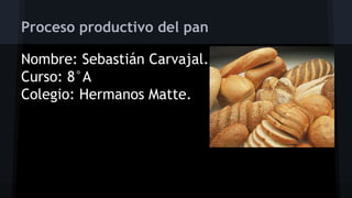 Nombre: Sebastián Carvajal.
Curso: 8°A
Colegio: Hermanos Matte.
Proceso productivo del pan
 