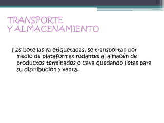 TRANSPORTE
Y ALMACENAMIENTO

Las botellas ya etiquetadas, se transportan por
 medio de plataformas rodantes al almacén de
 productos terminados o cava quedando listas para
 su distribución y venta.
 