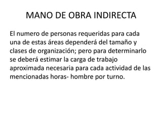 MANO DE OBRA INDIRECTA
El numero de personas requeridas para cada
una de estas áreas dependerá del tamaño y
clases de organización; pero para determinarlo
se deberá estimar la carga de trabajo
aproximada necesaria para cada actividad de las
mencionadas horas- hombre por turno.
 