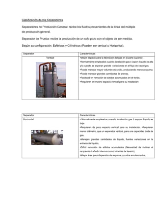 Clasificación de los Separadores
Separadores de Producción General: recibe los fluidos provenientes de la línea del múltiple
de producción general.
Separador de Prueba: recibe la producción de un solo pozo con el objeto de ser medida.
Según su configuración: Esféricos y Cilíndricos (Pueden ser vertical u Horizontal).
Separador Características
Horizontal • Normalmente empleados cuando la relación gas ó vapor– líquido es
baja.
•Requieren de poco espacio vertical para su instalación. •Requieren
menor diámetro, que un separador vertical, para una capacidad dada de
gas.
•Manejan grandes cantidades de líquido, fuertes variaciones en la
entrada de líquido,
•Difícil remoción de sólidos acumulados (Necesidad de inclinar el
recipiente ó añadir internos como tuberías de lavado).
•Mayor área para dispersión de espuma y crudos emulsionados.
Separador Características
Vertical •Mayor espacio para la liberación del gas en la parte superior.
•Normalmente empleados cuando la relación gas o vapor–líquido es alta
y/o cuando se esperan grande variaciones en el flujo de vapor/gas.
•Puede manejar mayor volumen de crudo, produciendo menos espuma.
•Puede manejar grandes cantidades de arenas.
•Facilidad en remoción de sólidos acumulados en el fondo.
•Requieren de mucho espacio vertical para su instalación
 