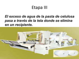Etapa III
El exceso de agua de la pasta de celulosa
pasa a través de la tela donde se elimina
en un recipiente.
 