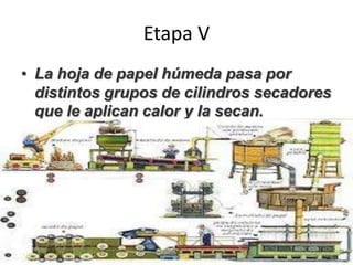 Etapa V
• La hoja de papel húmeda pasa por
distintos grupos de cilindros secadores
que le aplican calor y la secan.
 