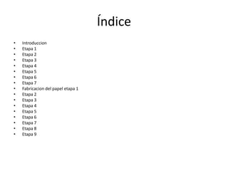 Índice
• Introduccion
• Etapa 1
• Etapa 2
• Etapa 3
• Etapa 4
• Etapa 5
• Etapa 6
• Etapa 7
• Fabricacion del papel etapa 1
• Etapa 2
• Etapa 3
• Etapa 4
• Etapa 5
• Etapa 6
• Etapa 7
• Etapa 8
• Etapa 9
 