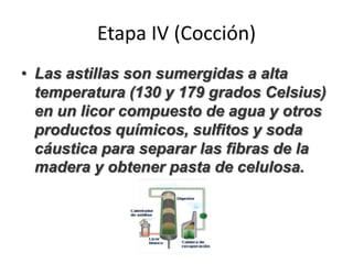 Etapa IV (Cocción)
• Las astillas son sumergidas a alta
temperatura (130 y 179 grados Celsius)
en un licor compuesto de agua y otros
productos químicos, sulfitos y soda
cáustica para separar las fibras de la
madera y obtener pasta de celulosa.
 