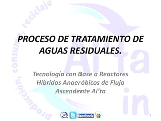 PROCESO DE TRATAMIENTO DE AGUAS RESIDUALES. Tecnología con Base a Reactores Híbridos Anaeróbicos de Flujo Ascendente Ai’ta 1 www.aitaw.com.mx 