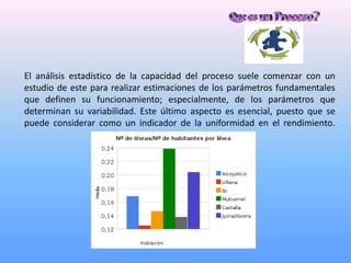 El análisis estadístico de la capacidad del proceso suele comenzar con un
estudio de este para realizar estimaciones de los parámetros fundamentales
que definen su funcionamiento; especialmente, de los parámetros que
determinan su variabilidad. Este último aspecto es esencial, puesto que se
puede considerar como un indicador de la uniformidad en el rendimiento.
 