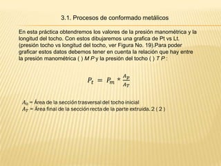 3.1. Procesos de conformado metálicos

En esta práctica obtendremos los valores de la presión manométrica y la
longitud del tocho. Con estos dibujaremos una grafica de Pt vs Lt.
(presión tocho vs longitud del tocho, ver Figura No. 19).Para poder
graficar estos datos debemos tener en cuenta la relación que hay entre
la presión manométrica ( ) M P y la presión del tocho ( ) T P :
 