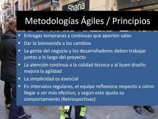 Metodologías Ágiles / Principios
 Entregas tempranas y continuas que aporten valor.
 Dar la bienvenida a los cambios
 La gente del negocio y los desarrolladores deben trabajar
juntos a lo largo del proyecto
 La atención continua a la calidad técnica y al buen diseño
mejora la agilidad
 La simplicidad es esencial
 En intervalos regulares, el equipo reflexiona respecto a cómo
llegar a ser más efectivo, y según esto ajusta su
comportamiento (Retrospectivas)
 