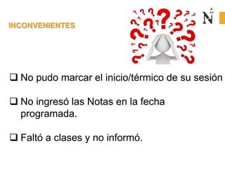 INCONVENIENTES
 No pudo marcar el inicio/térmico de su sesión
 No ingresó las Notas en la fecha
programada.
 Faltó a clases y no informó.
 