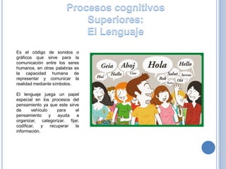 Es el código de sonidos o
gráficos que sirve para la
comunicación entre los seres
humanos, en otras palabras es
la capacidad humana de
representar y comunicar la
realidad mediante símbolos.
El lenguaje juega un papel
especial en los procesos del
pensamiento ya que este sirve
de vehículo para el
pensamiento y ayuda a
organizar, categorizar, fijar,
codificar, y recuperar la
información.
 
