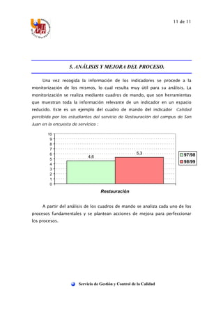 11 de 11
Servicio de Gestión y Control de la Calidad
5. ANÁLISIS Y MEJORA DEL PROCESO.
Una vez recogida la información de los indicadores se procede a la
monitorización de los mismos, lo cual resulta muy útil para su análisis. La
monitorización se realiza mediante cuadros de mando, que son herramientas
que muestran toda la información relevante de un indicador en un espacio
reducido. Este es un ejemplo del cuadro de mando del indicador “Calidad
percibida por los estudiantes del servicio de Restauración del campus de San
Juan en la encuesta de servicios”:
4,6
5,3
0
1
2
3
4
5
6
7
8
9
10
Restauración
97/98
98/99
A partir del análisis de los cuadros de mando se analiza cada uno de los
procesos fundamentales y se plantean acciones de mejora para perfeccionar
los procesos.
 