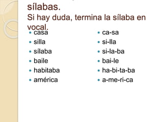 sílabas.
Si hay duda, termina la sílaba en
vocal.
 casa
 silla
 sílaba
 baile
 habitaba
 américa
 ca-sa
 si-lla
 si-la-ba
 bai-le
 ha-bi-ta-ba
 a-me-ri-ca
 