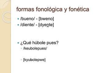 formas fonológica y fonética
 /bueno/ - [bweno]
 /diente/ - [dyen
̪ te]
 ¿Qué húbole pues?
◦ /keubolepues/
◦ [kyubolepwe]
 