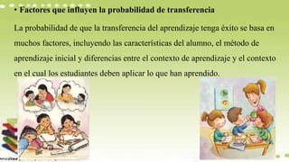 • Factores que influyen la probabilidad de transferencia
La probabilidad de que la transferencia del aprendizaje tenga éxito se basa en
muchos factores, incluyendo las características del alumno, el método de
aprendizaje inicial y diferencias entre el contexto de aprendizaje y el contexto
en el cual los estudiantes deben aplicar lo que han aprendido.
 