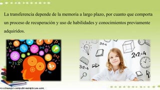 La transferencia depende de la memoria a largo plazo, por cuanto que comporta
un proceso de recuperación y uso de habilidades y conocimientos previamente
adquiridos.
 