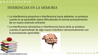 INFERENCIAS EN LA MEMORIA
• La interferencia proactiva o interferencia hacia adelante, se produce
cuanto lo ya aprendido opera dificultando el normal procesamiento
de un nuevo estímulo entrante
• La interferencia retroactiva o interferencia hacia atrás se produce
cuando el aprendizaje de algo nuevo interfiere retroactivamente con
lo previamente aprendido
 