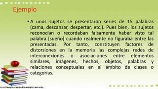 Ejemplo
• A unos sujetos se presentaron series de 15 palabras
(cama, descansar, despertar, etc.). Pues bien, los sujetos
reconocían o recordaban falsamente haber visto tal
palabra [sueño] cuando realmente no figuraba entre las
presentadas. Por tanto, constituyen factores de
distorsiones en la memoria las complejas redes de
interconexiones o asociaciones entre elementos
similares, imágenes, hechos, objetos, palabras y
relaciones conceptuales en el ámbito de clases o
categorías.
 