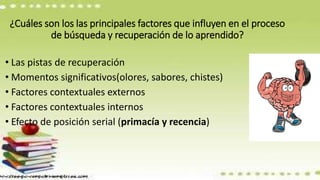 ¿Cuáles son los las principales factores que influyen en el proceso
de búsqueda y recuperación de lo aprendido?
• Las pistas de recuperación
• Momentos significativos(olores, sabores, chistes)
• Factores contextuales externos
• Factores contextuales internos
• Efecto de posición serial (primacía y recencia)
 